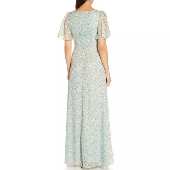 NWT Adrianna Papell Maxi Dress Women 4 Blue Chiffon Floral Metallic NEW - Picture 5 of 9